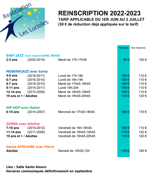 LESLUCIOLES - Horaires 2022-2023 reinscription tarif